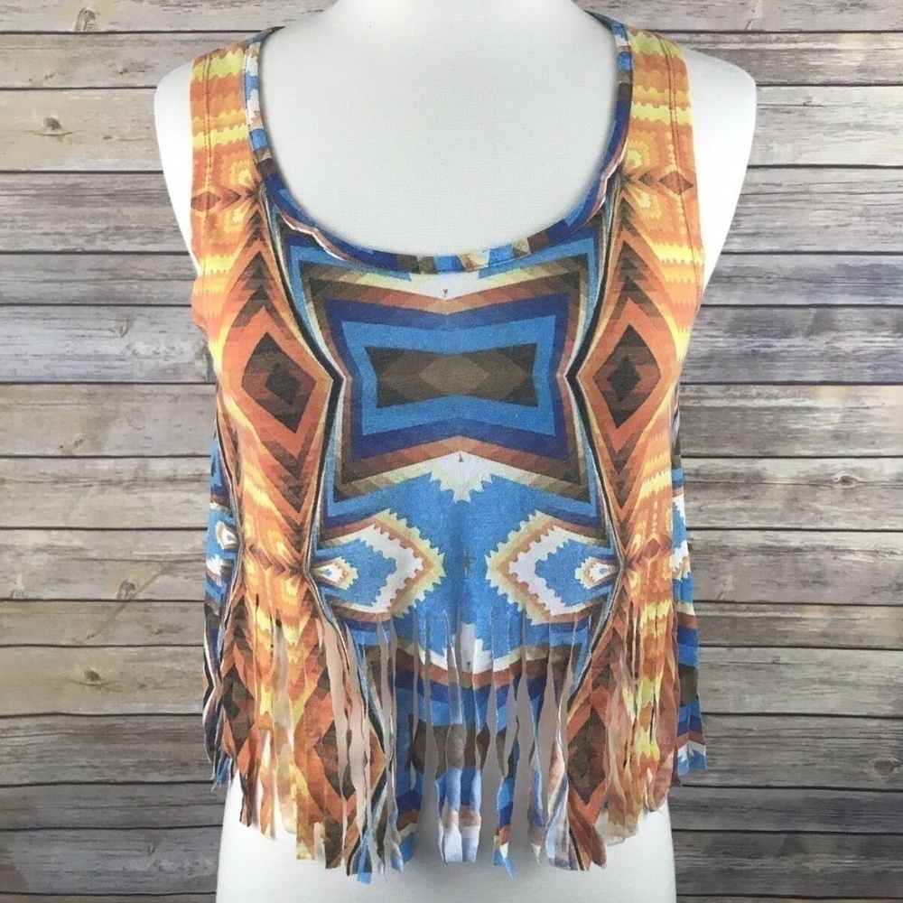 TOPSHOP AZTEC FRINGE PRINT CROP TOP Size 2